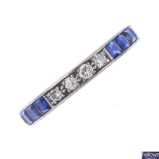 A sapphire and diamond full-circle eternity ring.
