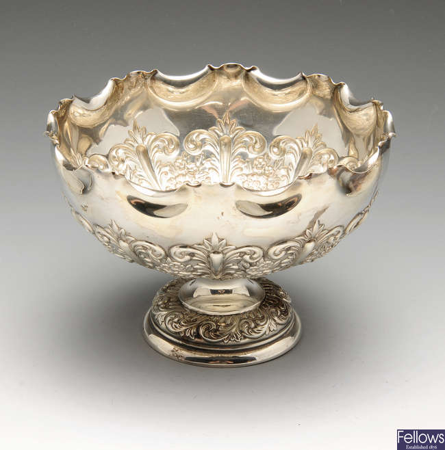 A late Victorian silver footed bowl, Edwardian ring tree & bonbon dish.
