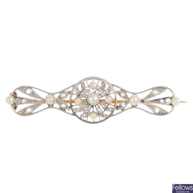 A Belle Epoch platinum and gold, seed pearl and diamond brooch.