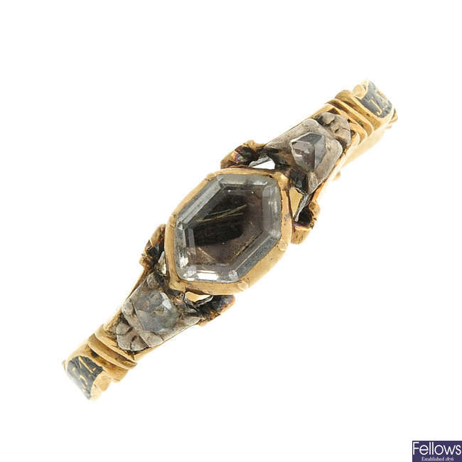 A George III gold quartz, diamond and enamel memorial ring.