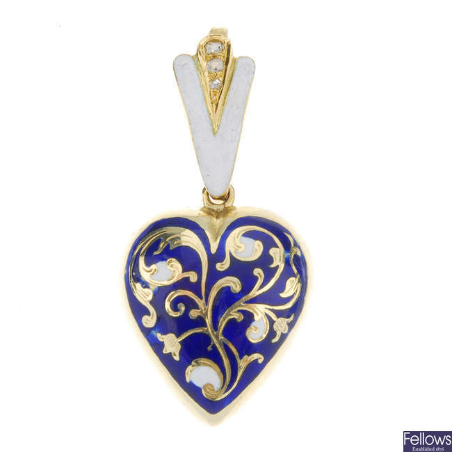 A late Victorian enamel and diamond heart-shape memorial pendant.