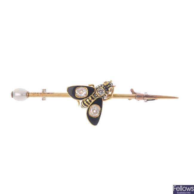 A late Victorian gold, diamond, enamel and cultured pearl bee brooch.