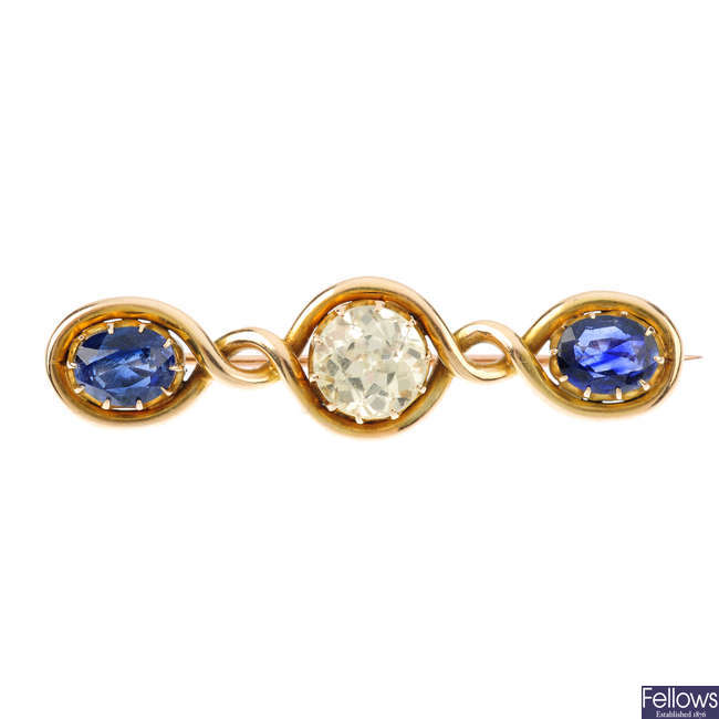A late Victorian 15ct gold sapphire brooch.