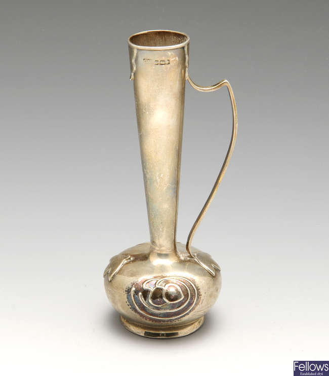 An Art Nouveau silver bud vase, etc.