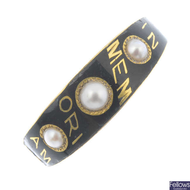 A late 19th century gold split pearl and enamel ring.