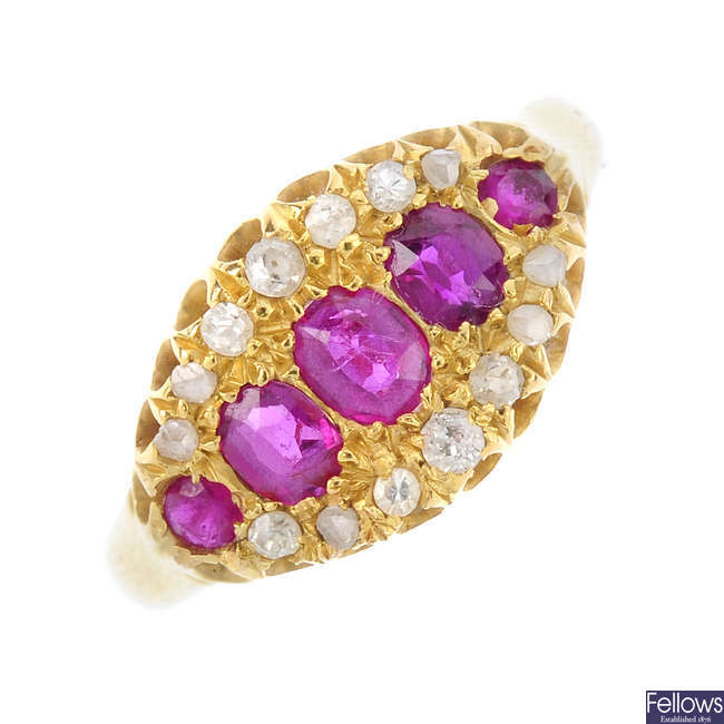 An Edwardian 18ct gold ruby and diamond ring. 