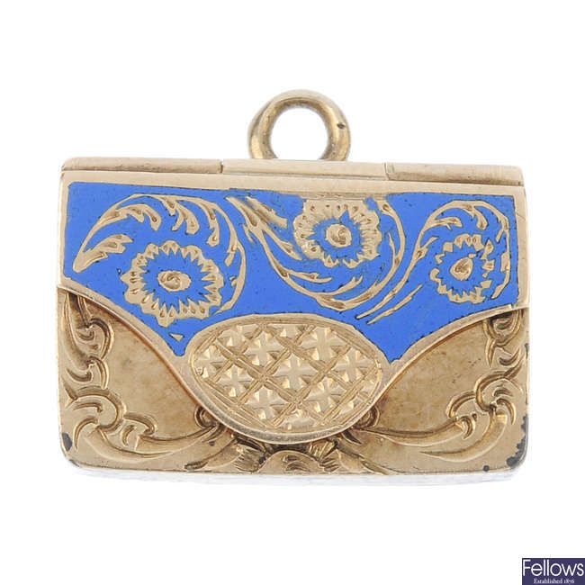 A late Victorian enamel envelope charm with mourning hair panel. 