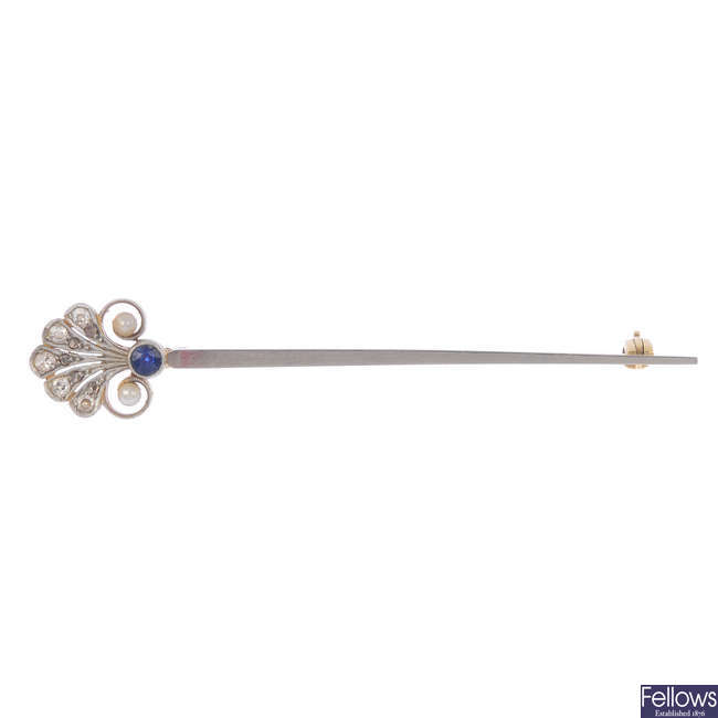 An early 20th century 15ct gold and platinum, sapphire, diamond and seed pearl brooch.