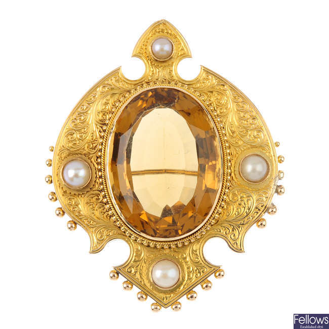 A late 19th century Scottish, citrine and split pearl brooch.