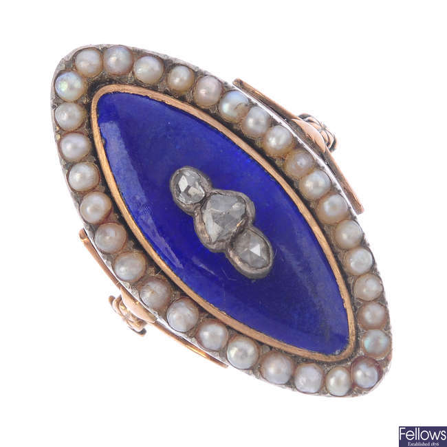 A late Georgian gold enamel, split pearl and diamond ring.
