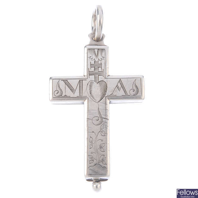 A George III silver reliquary crucifix pendant, hinged with screw fastening.
