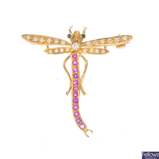 An 18ct gold diamond, ruby and emerald dragonfly brooch.