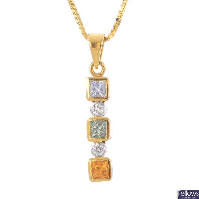 A gem-set and diamond pendant, with chain.