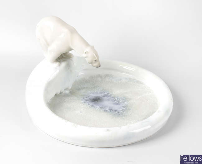 A Royal Copenhagen circular ceramic tray, with polar bear surmount.