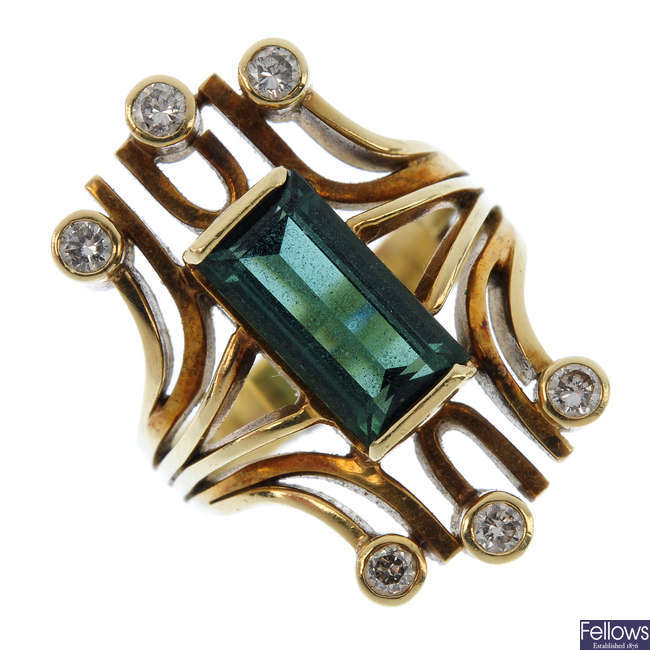 A 1970s 14ct gold tourmaline and diamond dress ring.