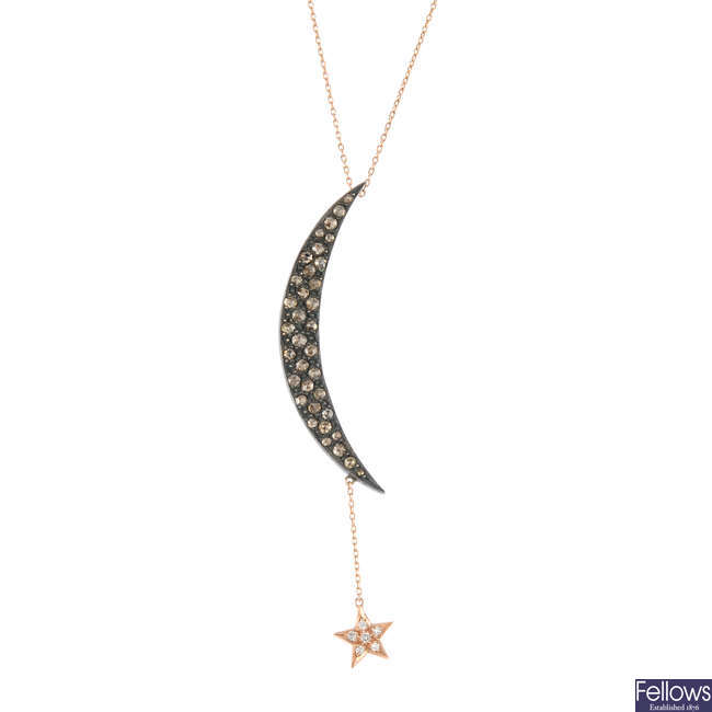 A diamond moon and star pendant, on chain.