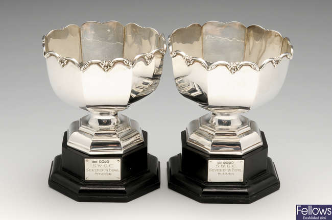 Pair of 1930's silver trophy bowls and a single trophy vase. 