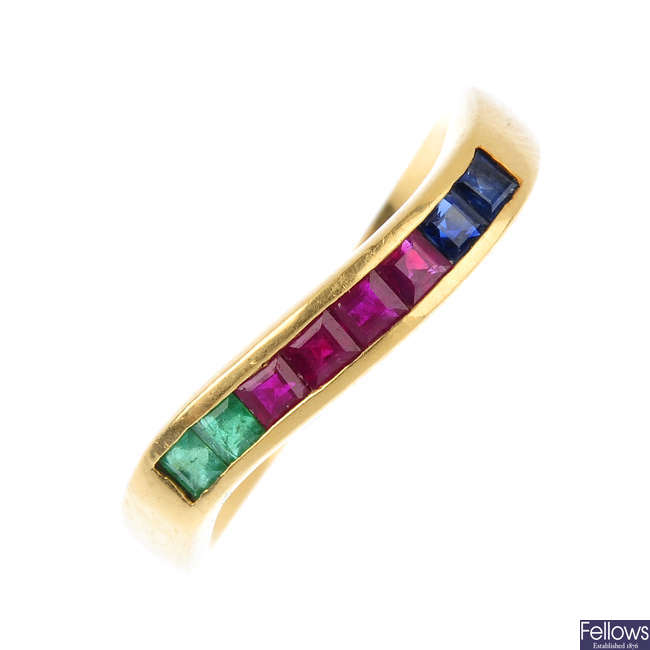 A ruby, sapphire and emerald ring.
