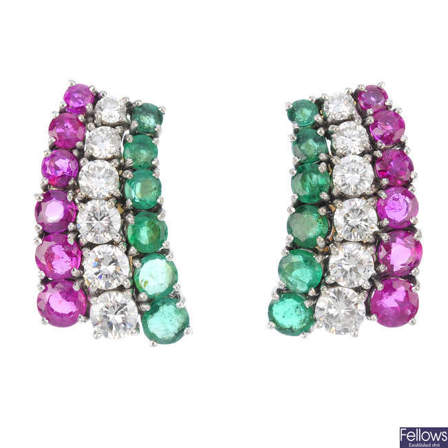 A pair of diamond, ruby and emerald earrings.