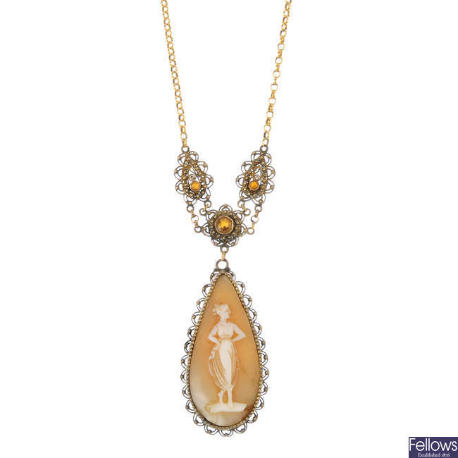 A citrine and cameo necklace.