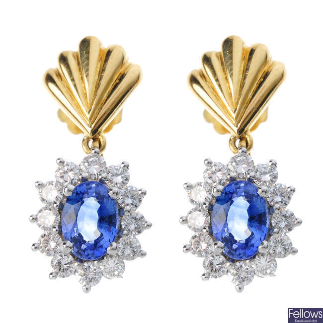 A pair of 18ct gold sapphire and diamond earrings. 