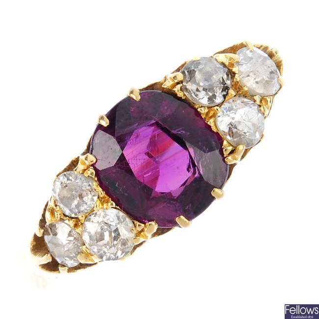 An early 20th century 18ct gold ruby and diamond ring.