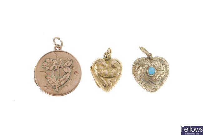 Two 9ct gold lockets and a late 19th century gold memorial pendant.