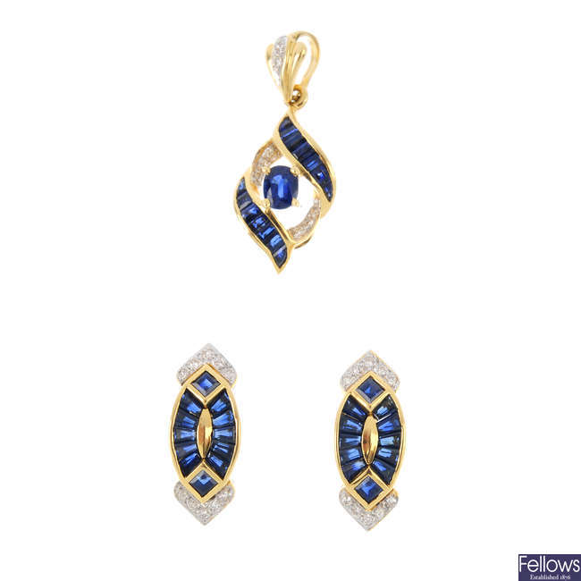 A pair of sapphire and diamond earrings and a pendant.