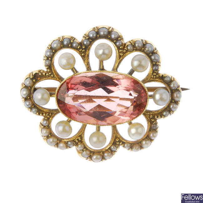 An Edwardian 15ct gold tourmaline, pearl and split pearl cluster brooch.