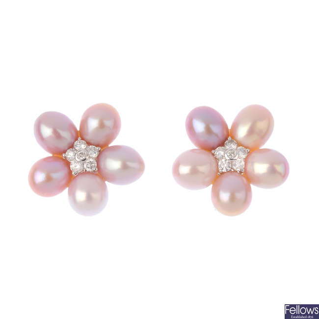 A pair of cultured pearl and diamond floral cluster earrings.