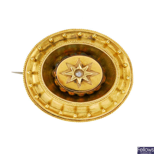 A late 19th century gold seed pearl memorial brooch.