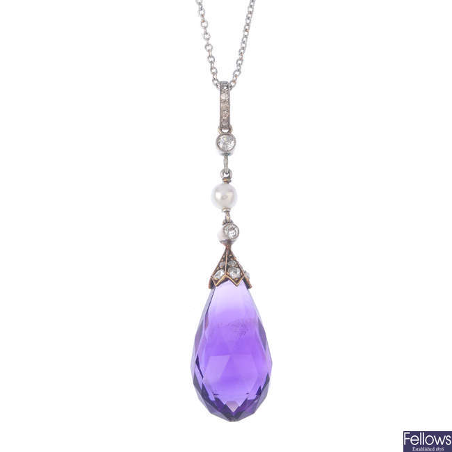 A late Victorian amethyst, diamond and pearl pendant, with later chain.