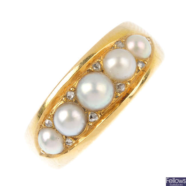 A late Victorian 18ct gold split pearl and diamond ring.