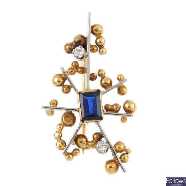 A 1970s 18ct gold sapphire and diamond brooch.