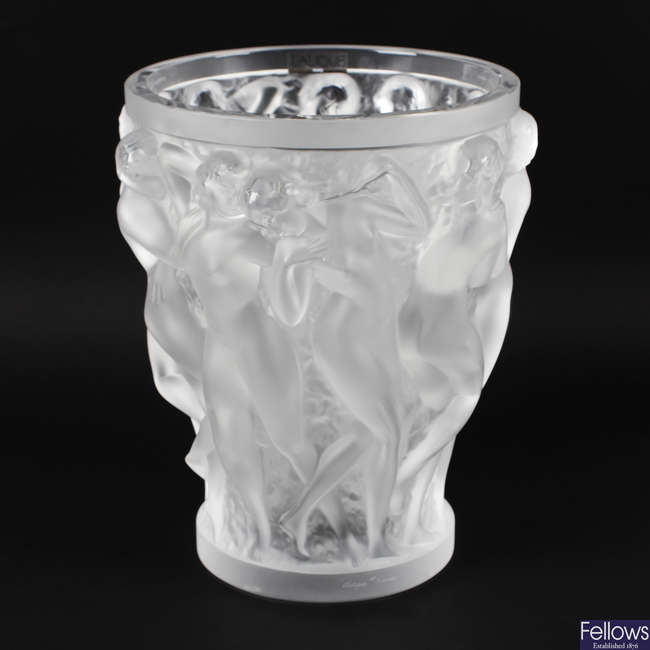 A Lalique moulded frosted glass Bacchantes vase.