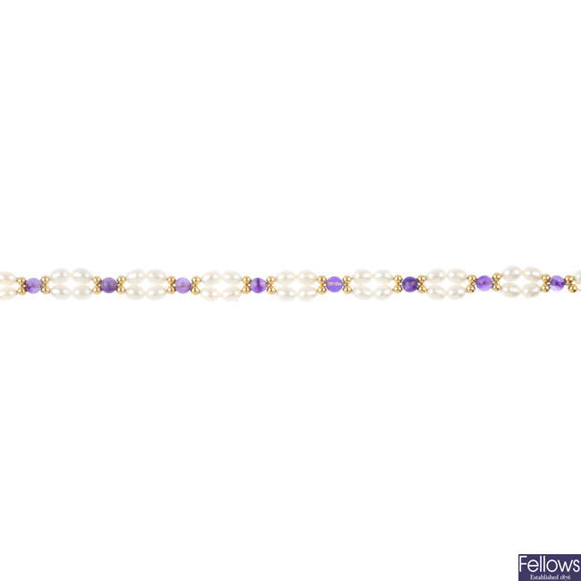 A cultured pearl and amethyst bracelet.