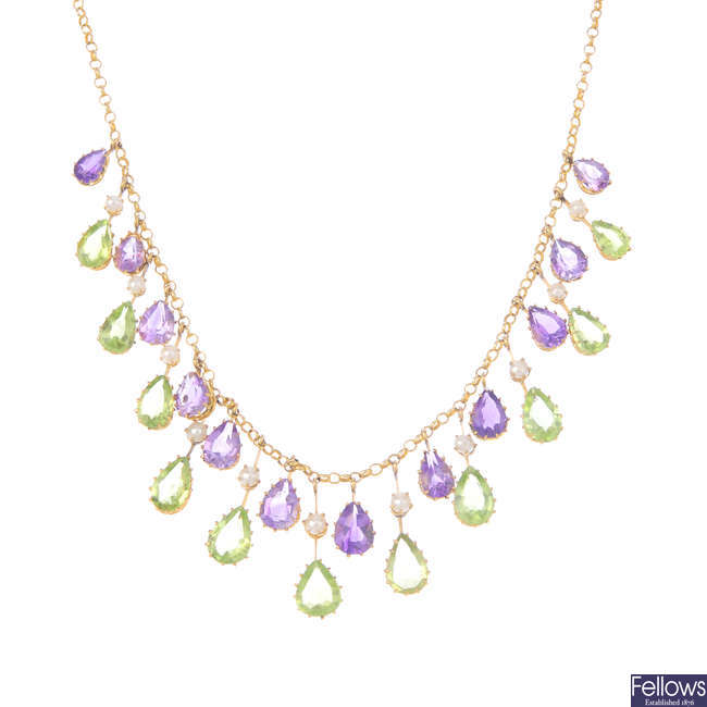 An amethyst, split pearl and peridot necklace.