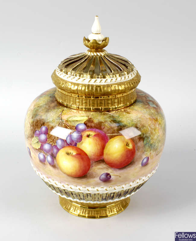 A fine Royal Worcester porcelain fruit-painted pot pourri jar, cover and liner