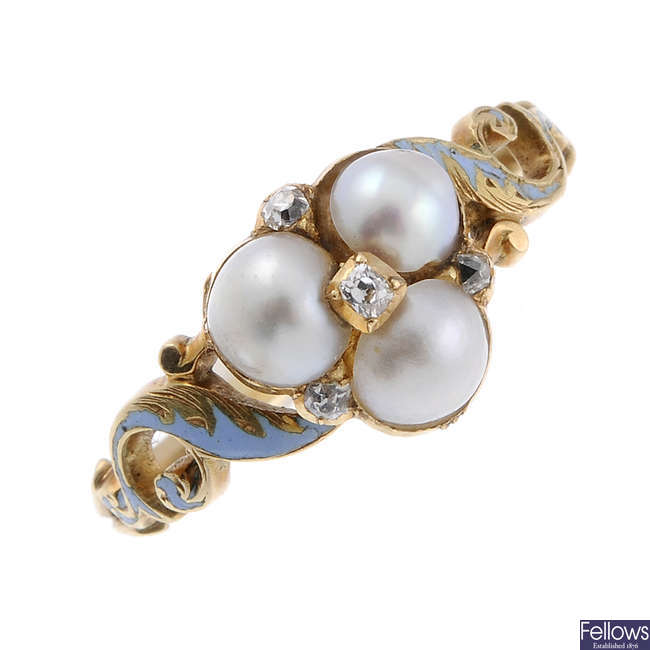 A mid to late Victorian split pearl, diamond and enamel trefoil memorial ring.