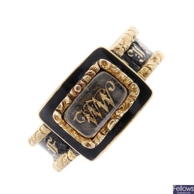A late Georgian 18ct gold enamel memorial ring. 