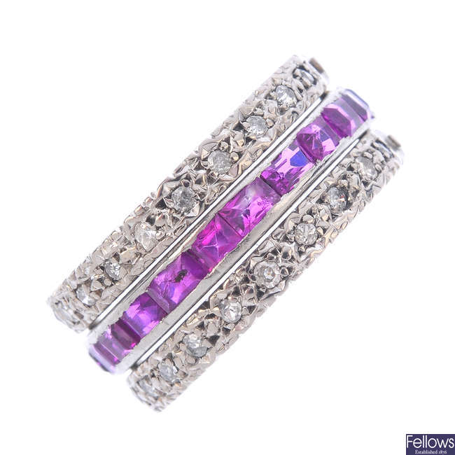 A ruby, sapphire and diamond full eternity ring with flip sides.