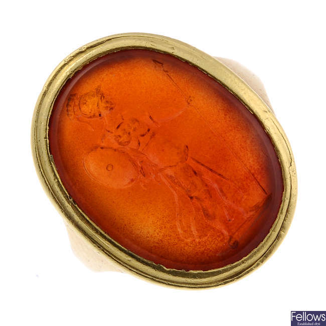 A mid to late Georgian 18ct gold reverse carved intaglio carnelian ring.