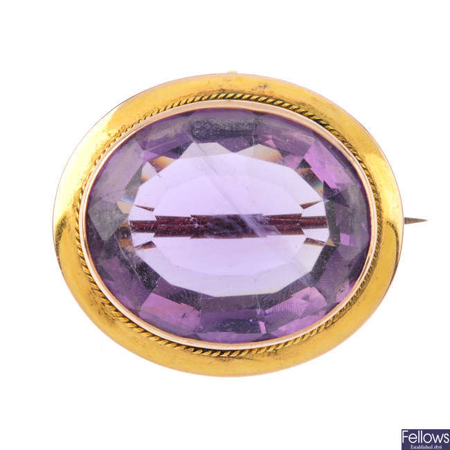 A late Victorian 9ct gold amethyst brooch.