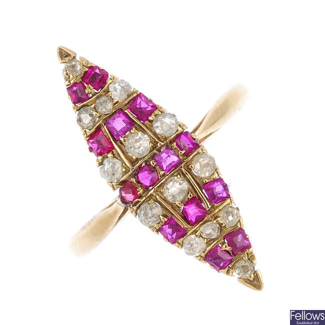 An early 20th century 18ct gold diamond and ruby dress ring.