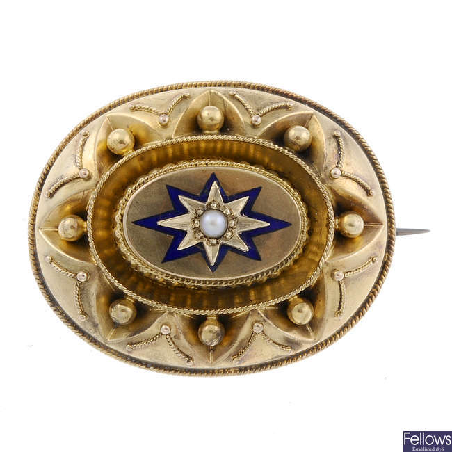 A late Victorian enamel and split pearl memorial brooch.