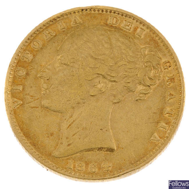 Victoria, Sovereign 1864, young head, rev. shield.