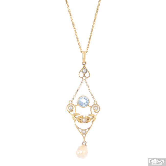 An early 20th century 15ct gold aquamarine and pearl pendant, with 9ct gold chain