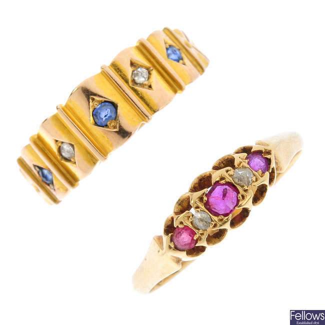 Two late Victorian gold and gem-set dress rings.