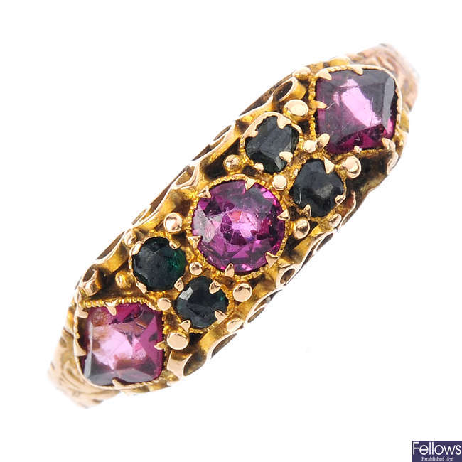 A mid Victorian 15ct gold gem-set ring.
