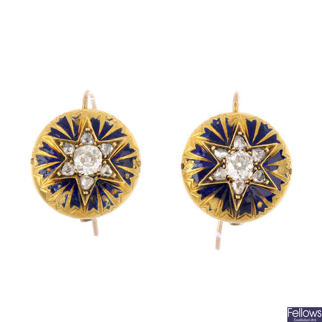 A pair of late Victorian gold, diamond and enamel earrings.